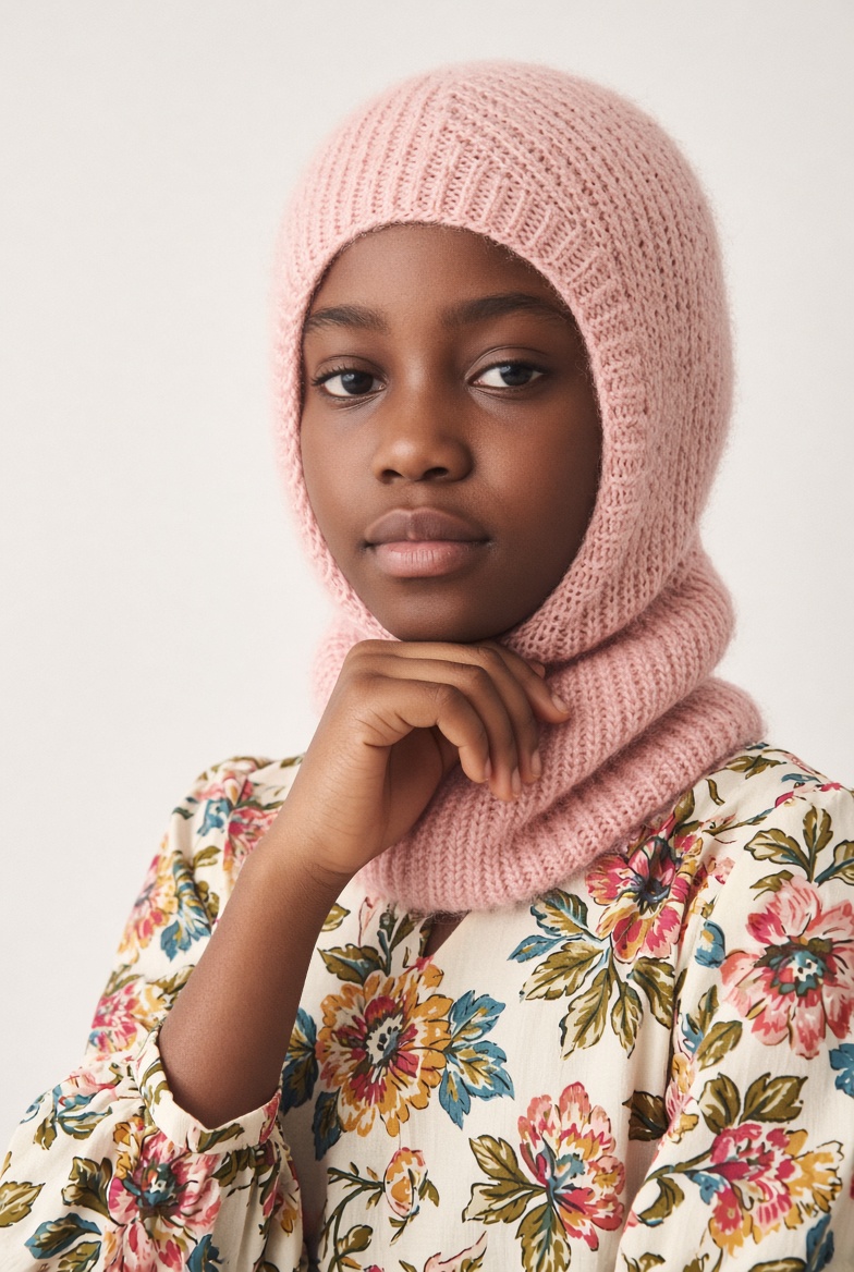Young model in a knit hood and floral styling