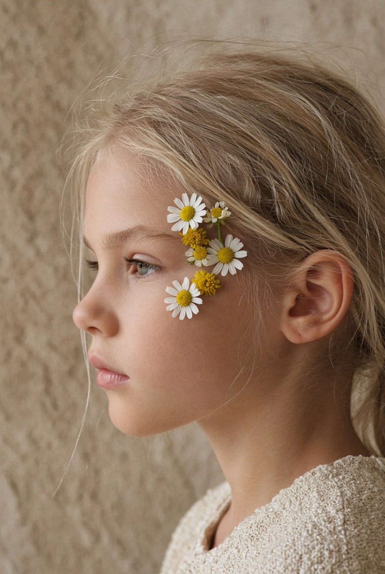 Young model with floral face styling