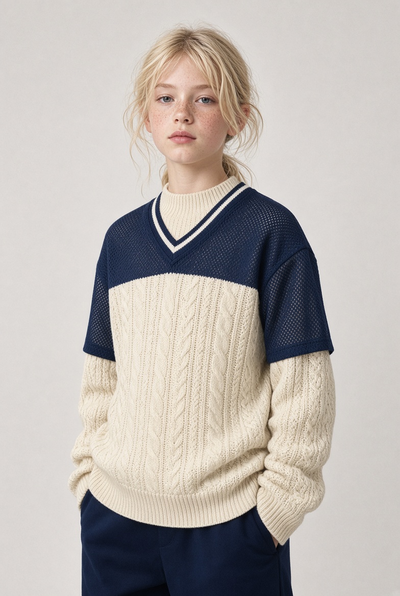 Young model in layered knitwear